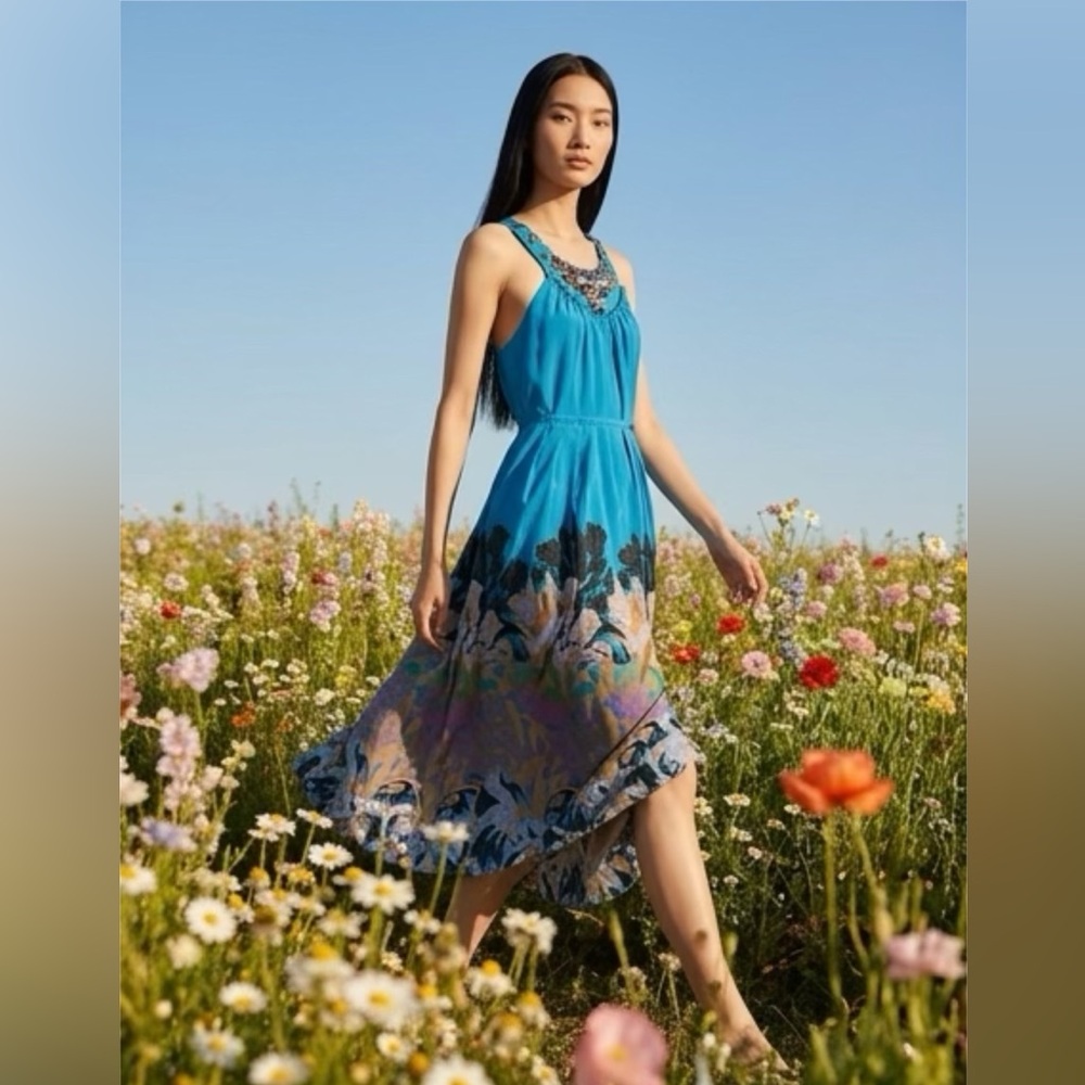 Anthropologie Moulinette Soeurs Women Silk Floral Dress Beaded Art‎ To Wear Sz 0